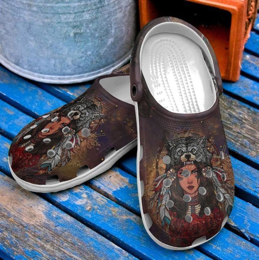 Native American Wolf Girl Sku 1601 Crocs Clog Shoes