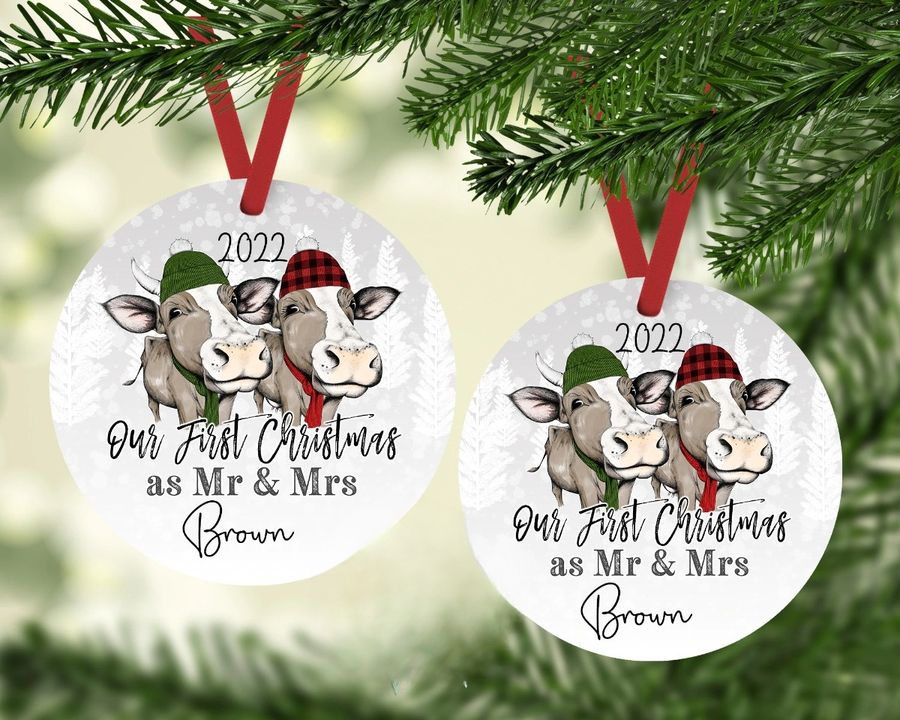 Wedding Our First Christmas As Mr And Mrs Ornament, Personalized Cow