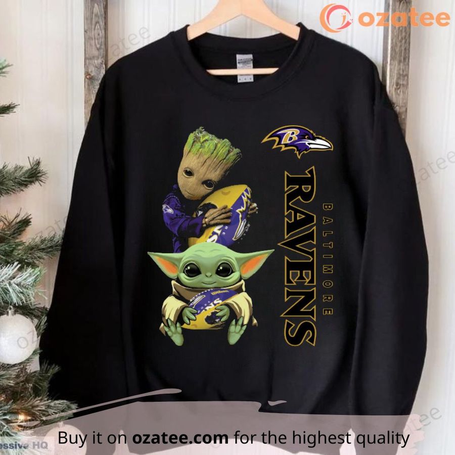 Baby Yoda And Groot Hug Baltimore Ravens NFL 2022 T Shirt, Vintage Football Shirt