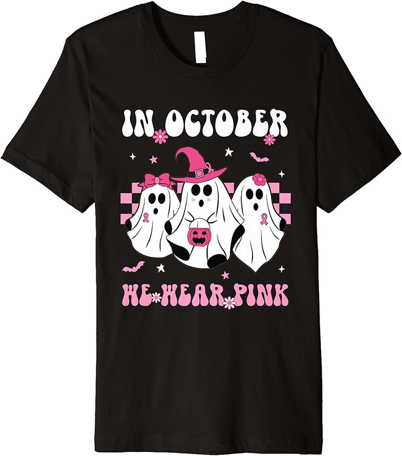 In October We Wear Pink Retro Ghosts Halloween Breast Cancer Premium