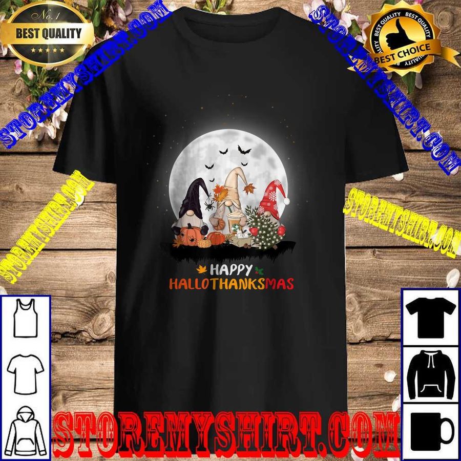 Official Happy Hallothanksmas Gnomes Halloween Thanksgiving Christmas T Shirt
