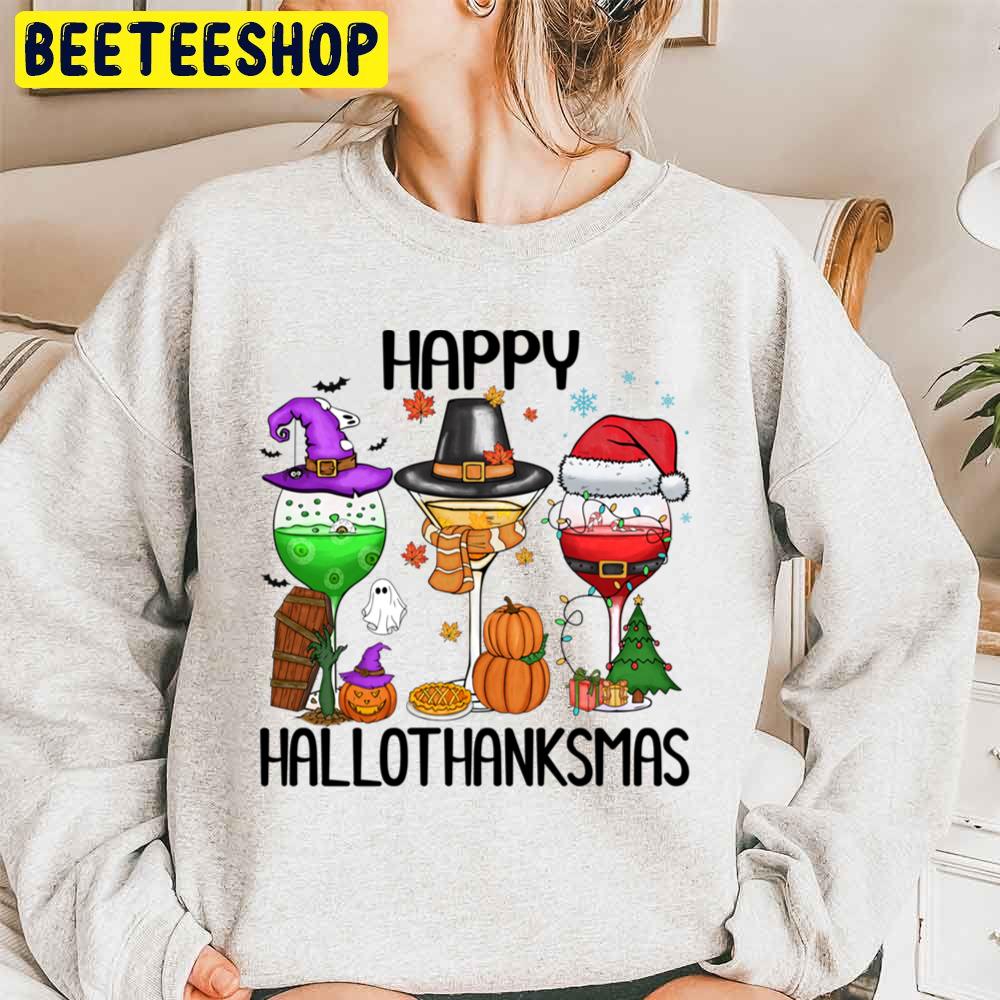 Art Scary Wine Pumpkin And Christmas Light Happy Hallothanksmas Trending Unisex Sweatshirt