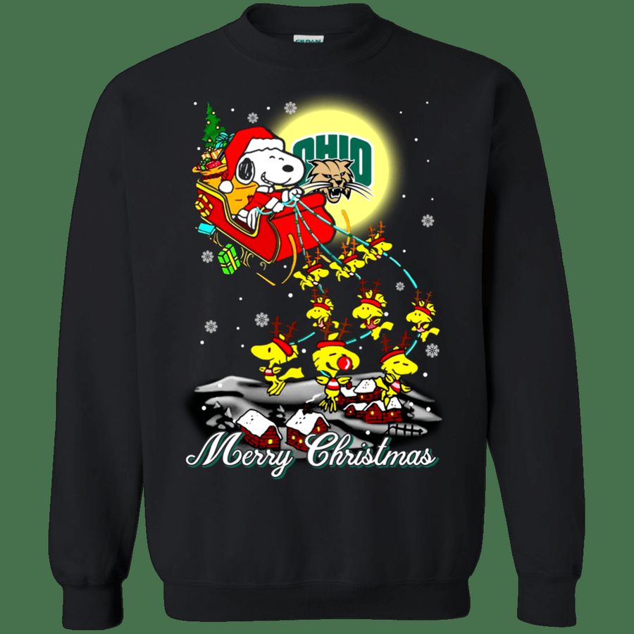 Awesome Ohio Bobcats Ugly Christmas Sweaters Santa Claus With Sleigh And Snoopy Sweatshirts