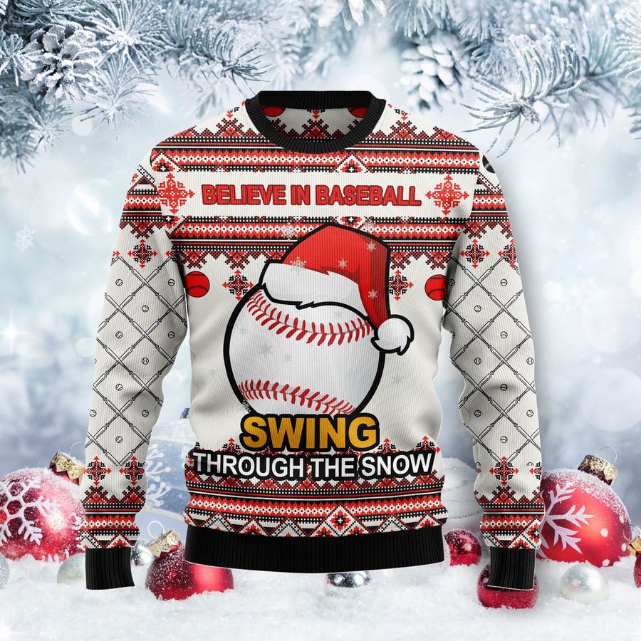 Baseball Swing Through Snow T89126 Unisex Womens And Mens, Couples Matching, Friends, Baseball Lover, Funny Family Ugly Christmas Holiday Sweater Gifts 