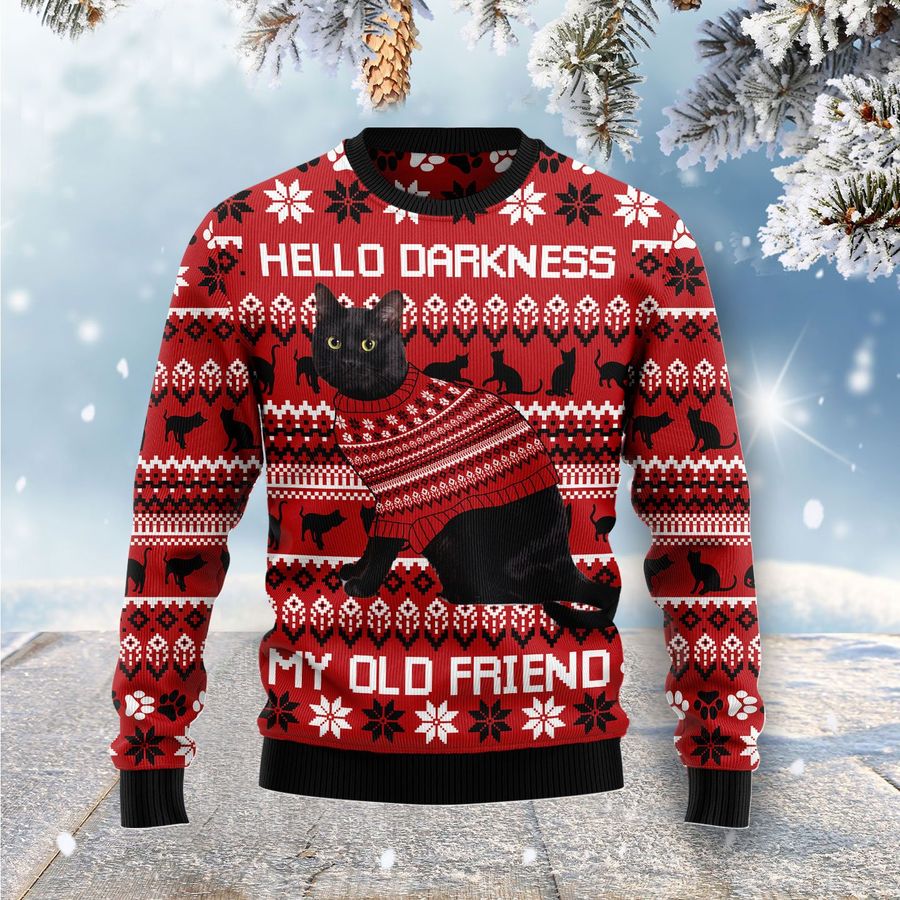 Black Cat Hello Darkness My Old Friend T8916 Ugly Christmas Sweater