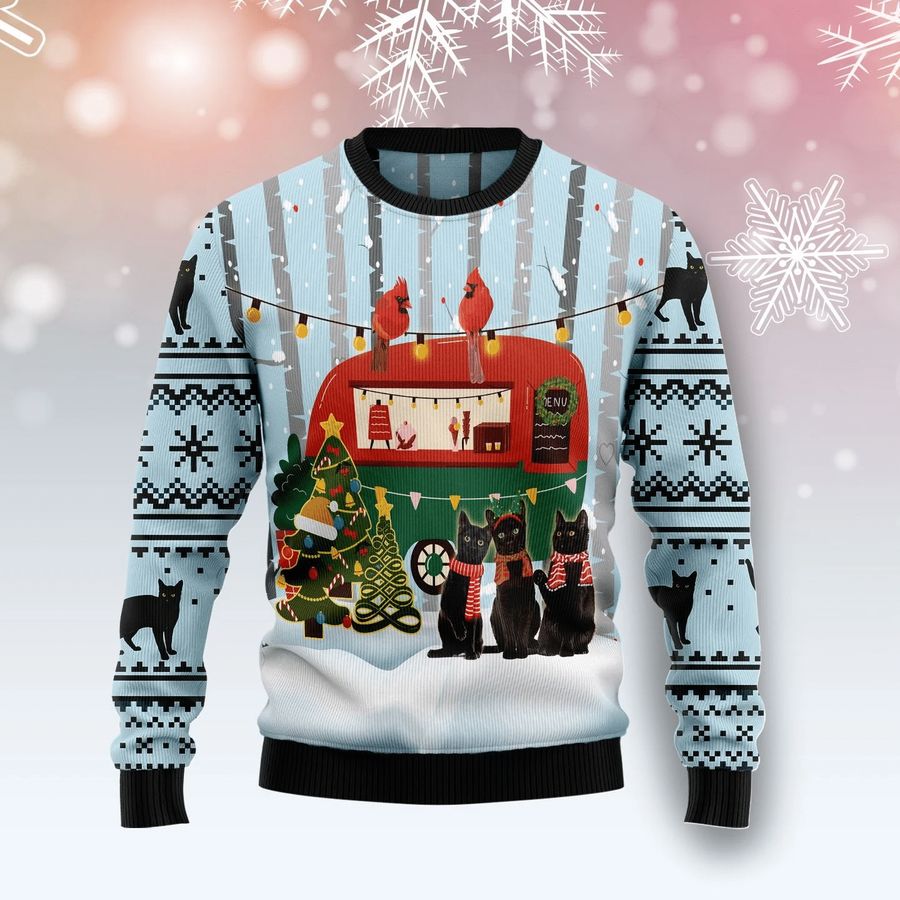 Black Cat Love Camping Ugly Christmas Sweater For Men And Women Adult