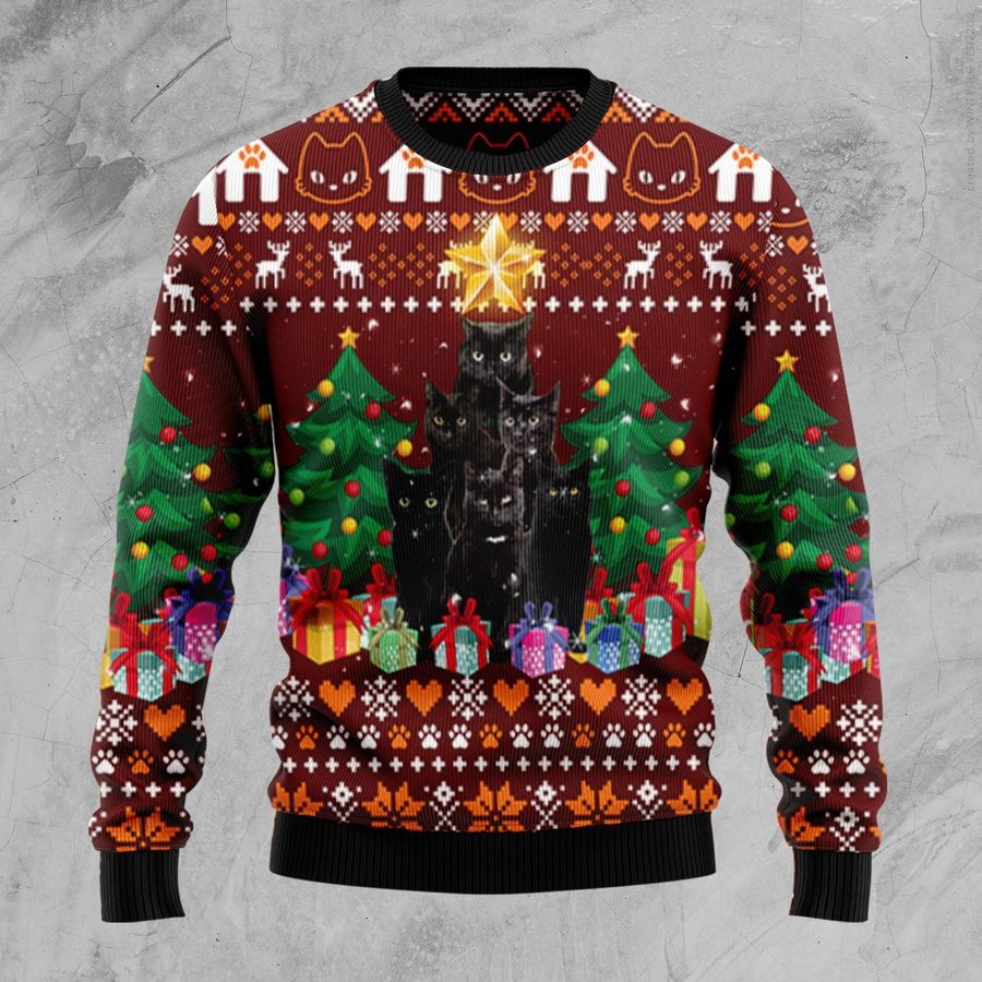 Black Cat Pine Tree D2809 Ugly Christmas Sweater