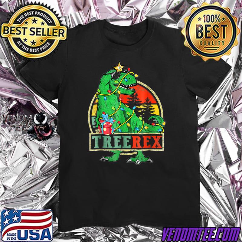Christmas Dinosaur Tree Rex Pajamas Vintage Sunset Xmas Lights T Shirt