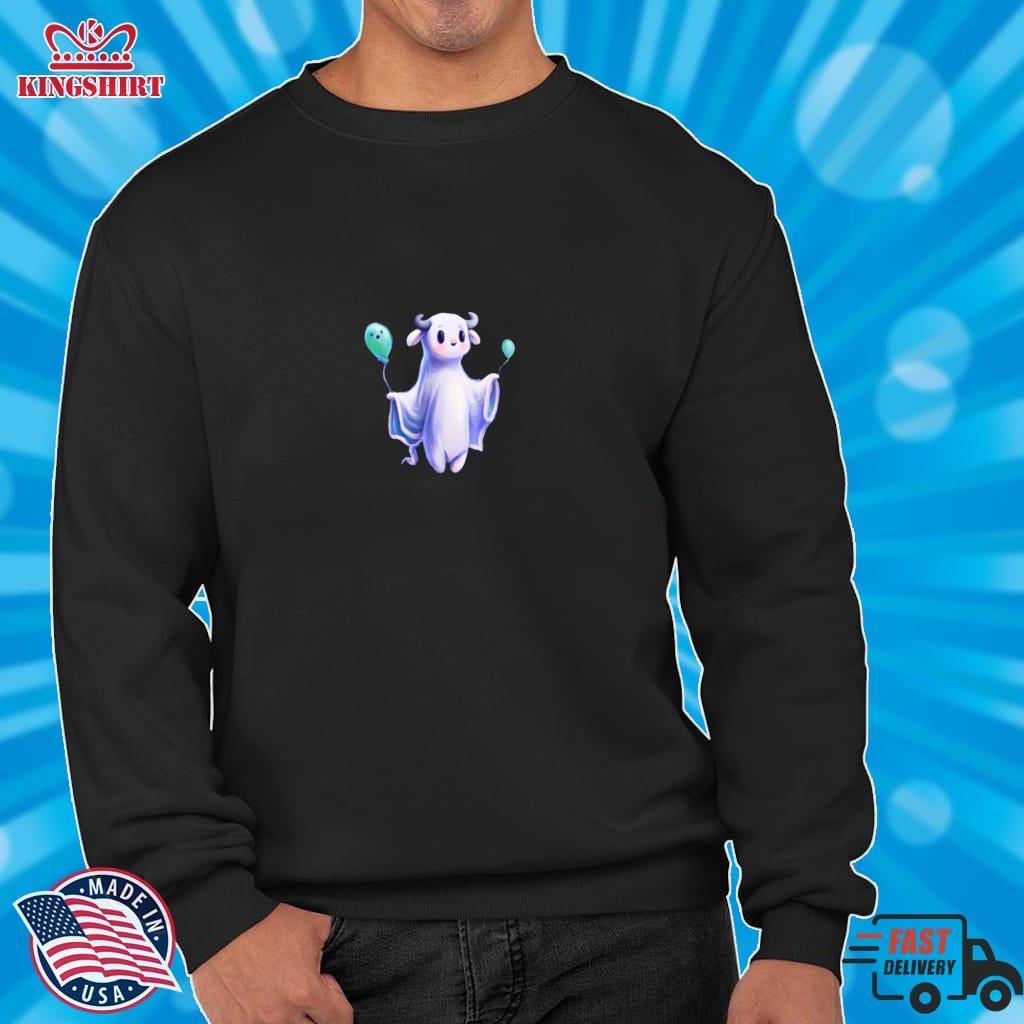 Cute Spooky Ghost Cow With Balloons Cartoon Lightweight Hoodie