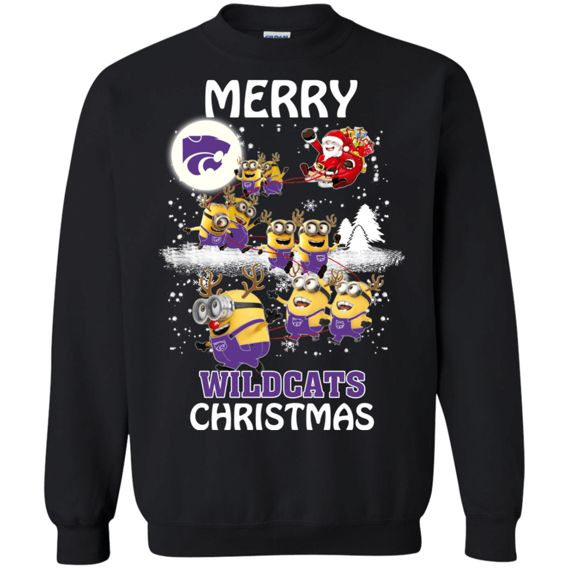 Funny Kansas State Wildcats Minion Ugly Christmas Sweaters Santa Claus With Sleigh Hoodies Sweatshirts