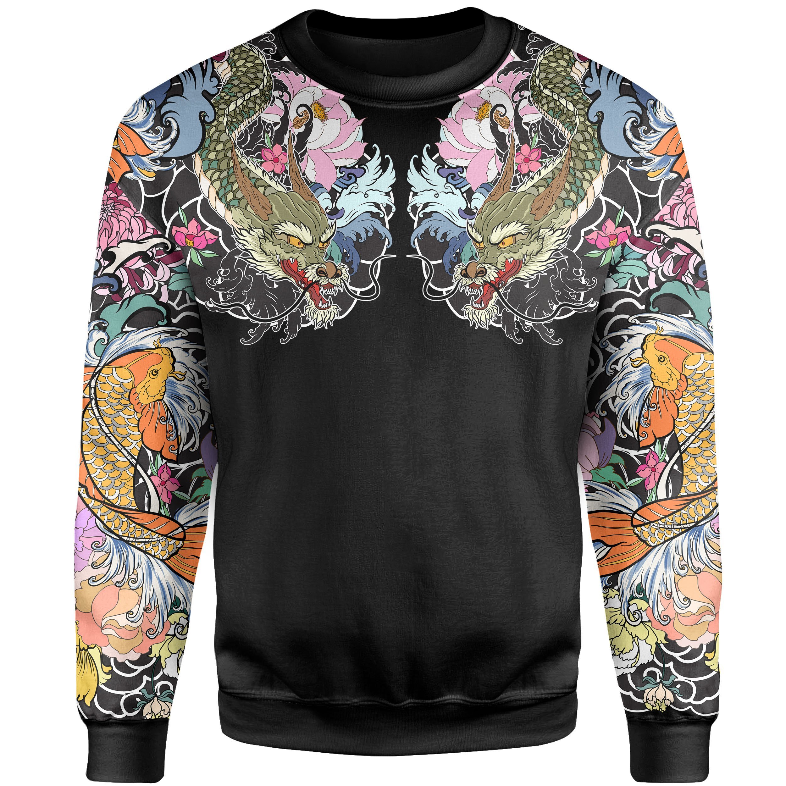 Koi Fish And Dragon Tattoo Style Sweatshirt (Knitted Long Sleeved Sweater) 