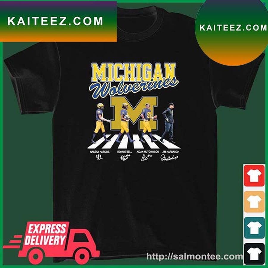 Michigan Wolverines Hassan Haskins Ronnie Bell Aidan Hutchison And Jim Harbaugh Abbey Road Signatures T Shirt