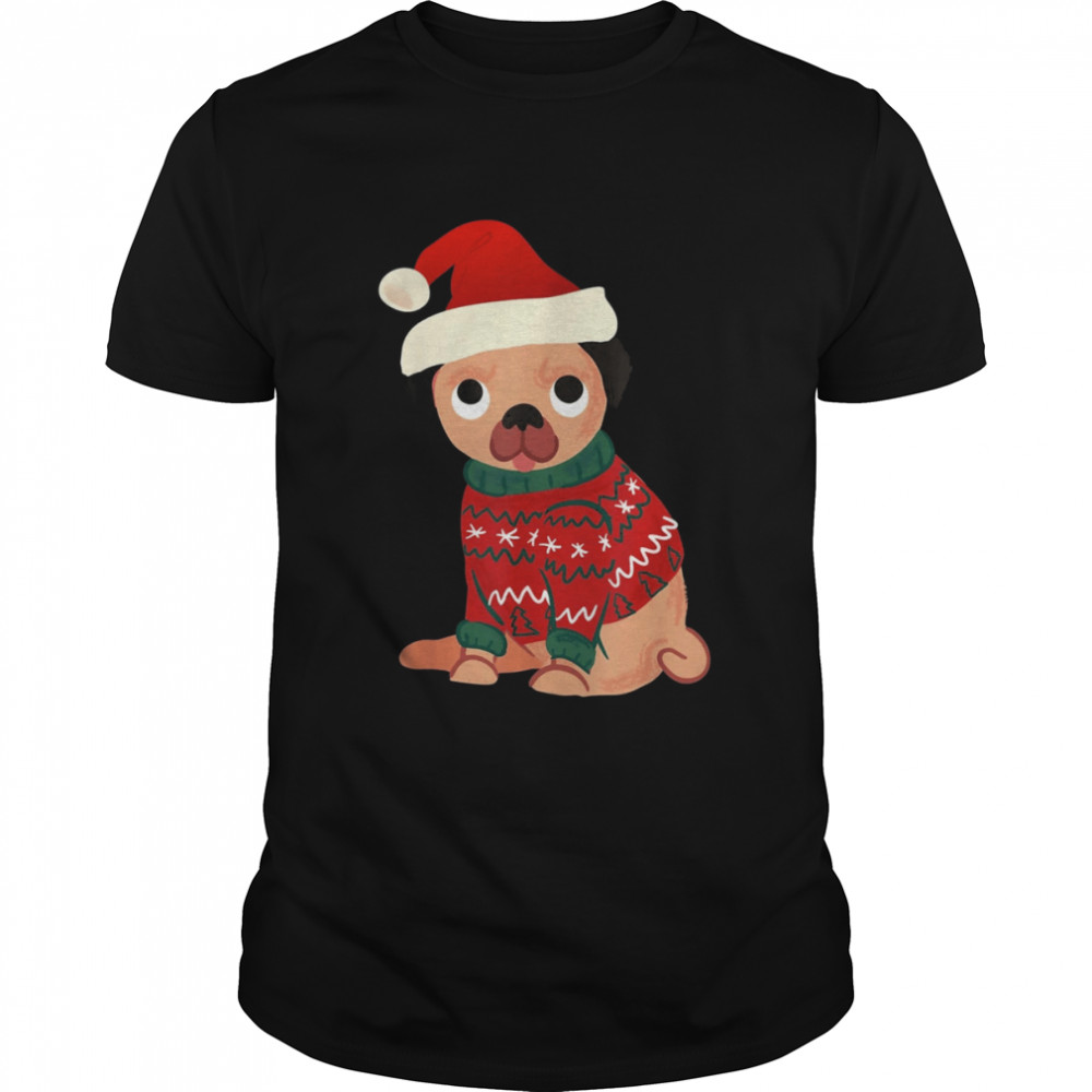 Pug Dog Wearing Christmas Cute Ugly Sweater And Santa Hat Shirt