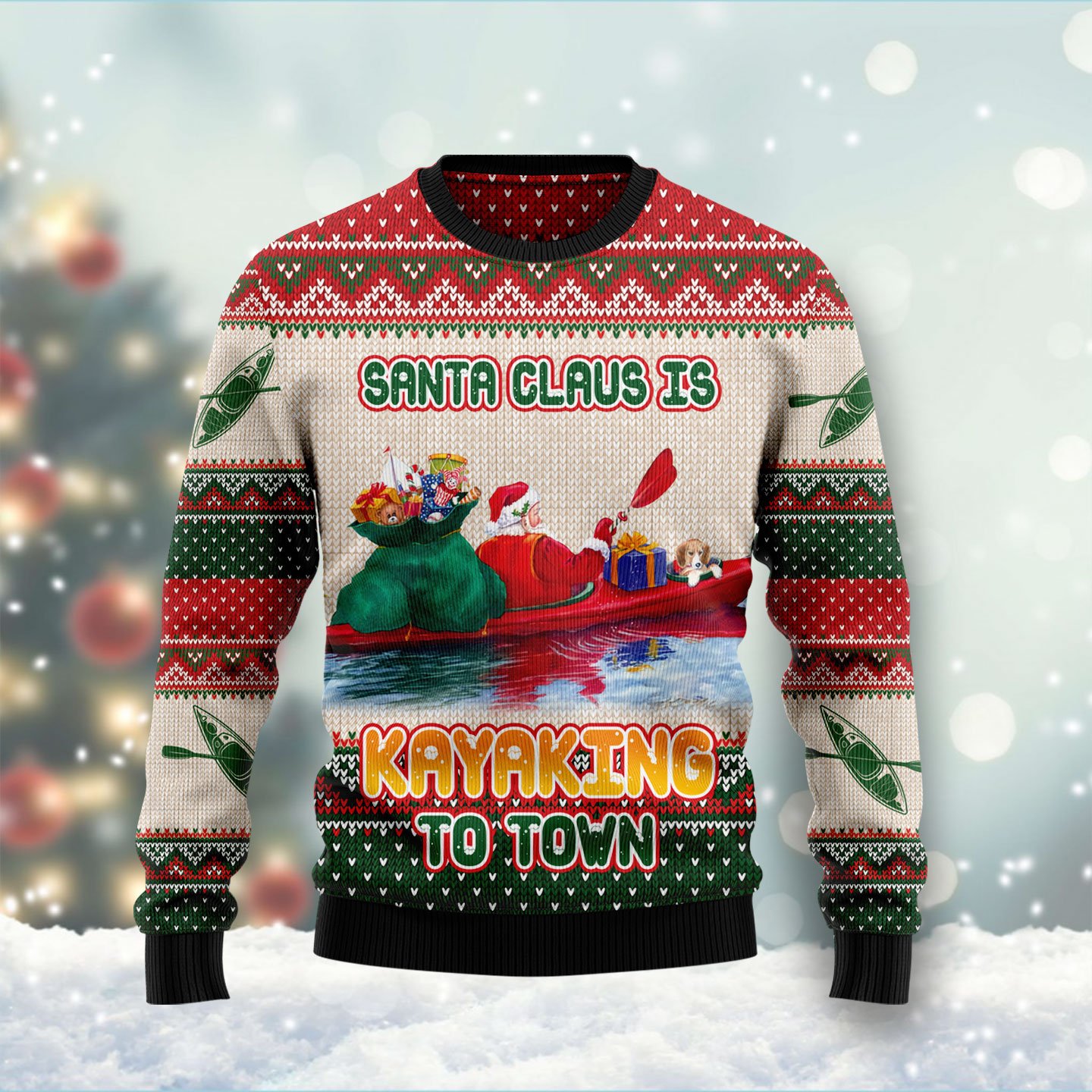 Santa Claus Is Kayaking To Town HT101306 Ugly Christmas Sweater Unisex Womens And Mens, Couples Matching, Friends, Funny Family Sweater Gifts 