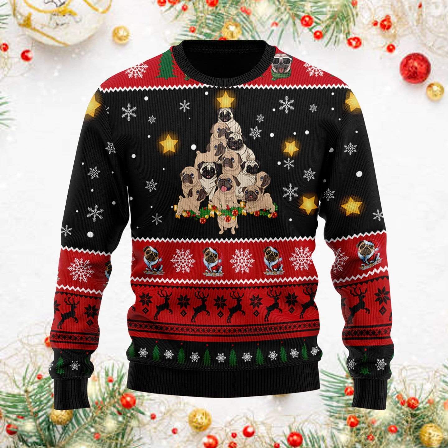 So Cute Pug Christmas Tree Black Red Christmas Sweater 91220H
