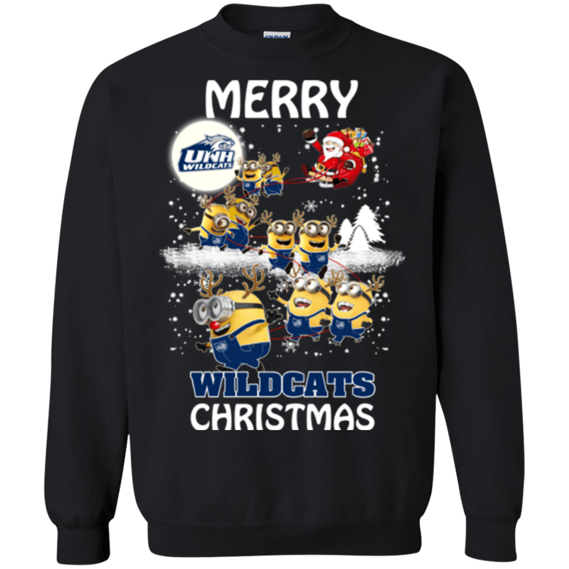 Stupendous New Hampshire Wildcats Minion Ugly Christmas Sweaters Santa Claus With Sleigh Sweatshirts