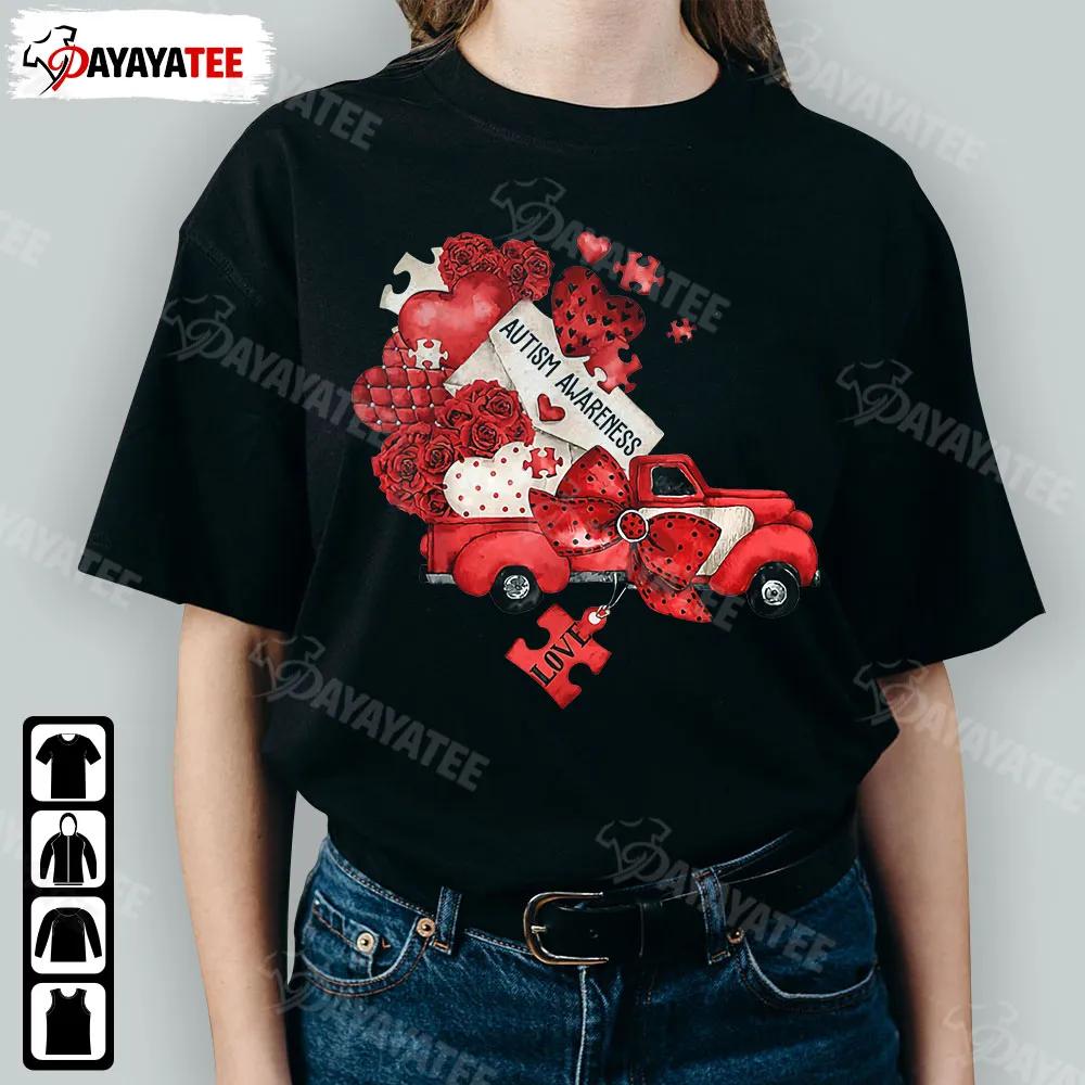 Valentine Autism Awareness Shirt Red Truck Of Love Heart Rose