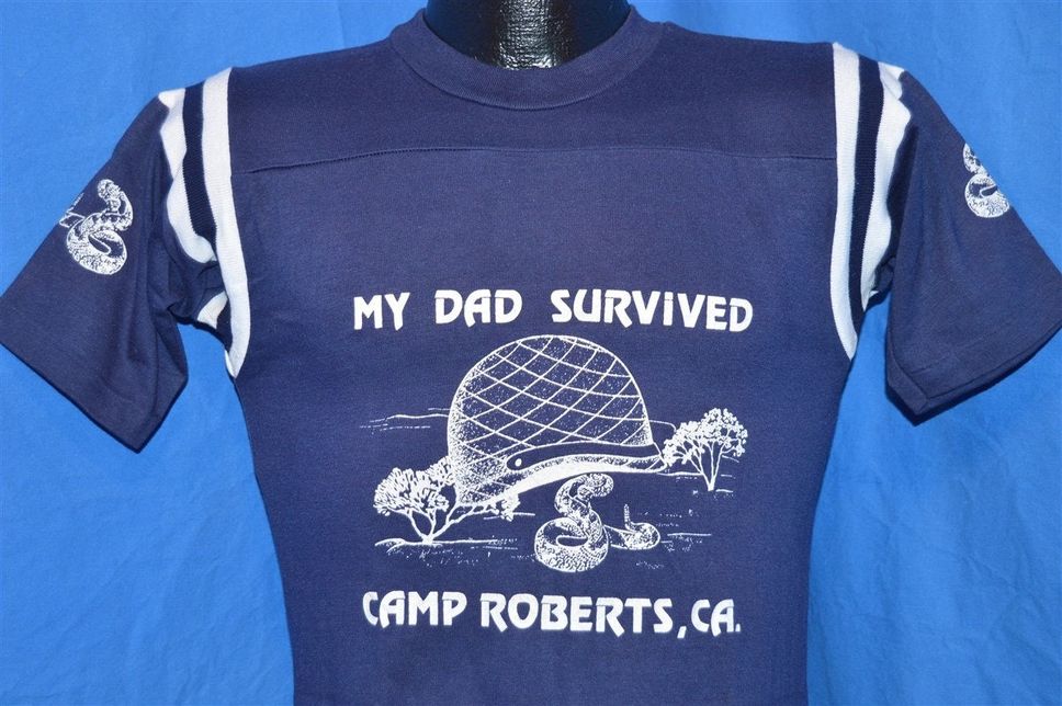 80s My Dad Survived Camp Roberts California Rattlesnake Navy Blue and White Striped Vintage Jersey tshirt Youth Medium