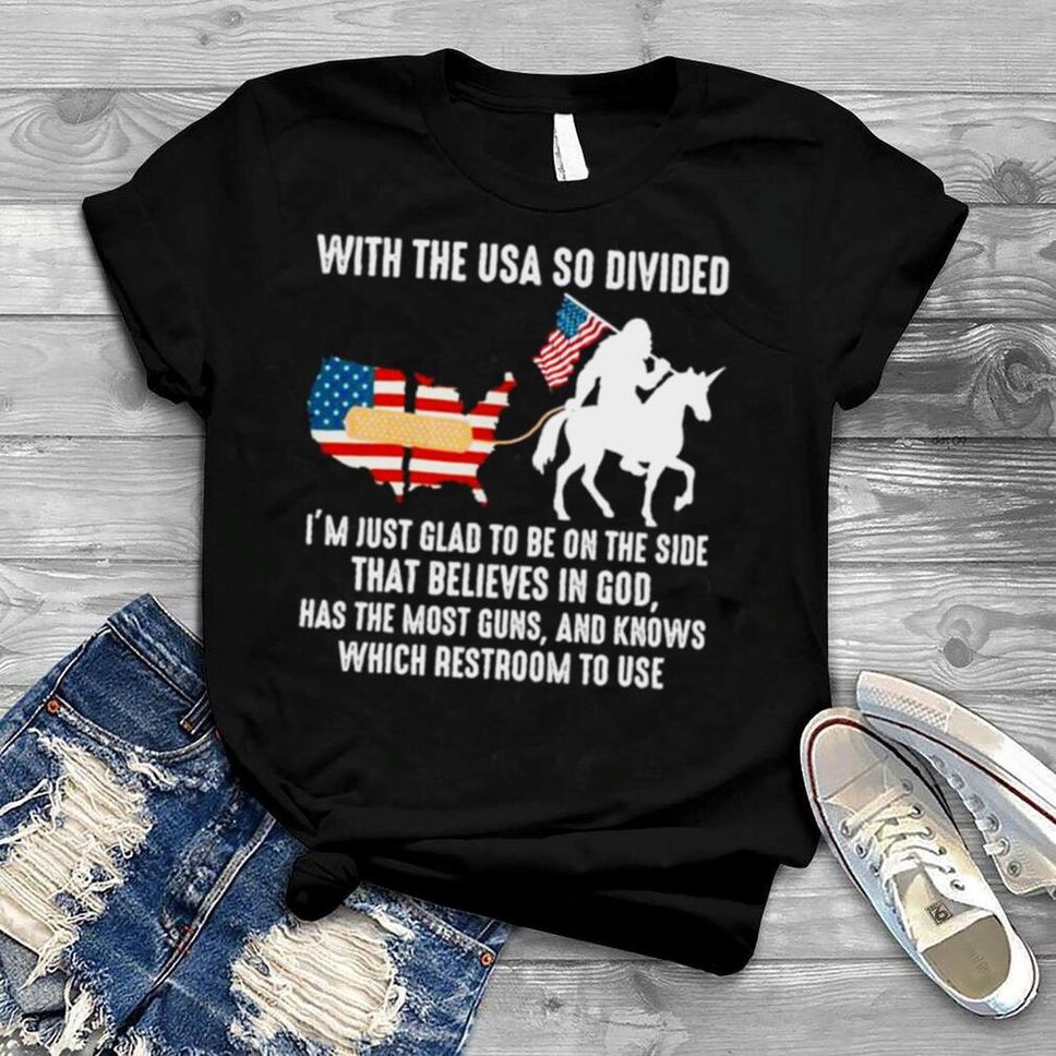 Bigfoot Riding Unicorn With The USA So Divided American Flag Shirt
