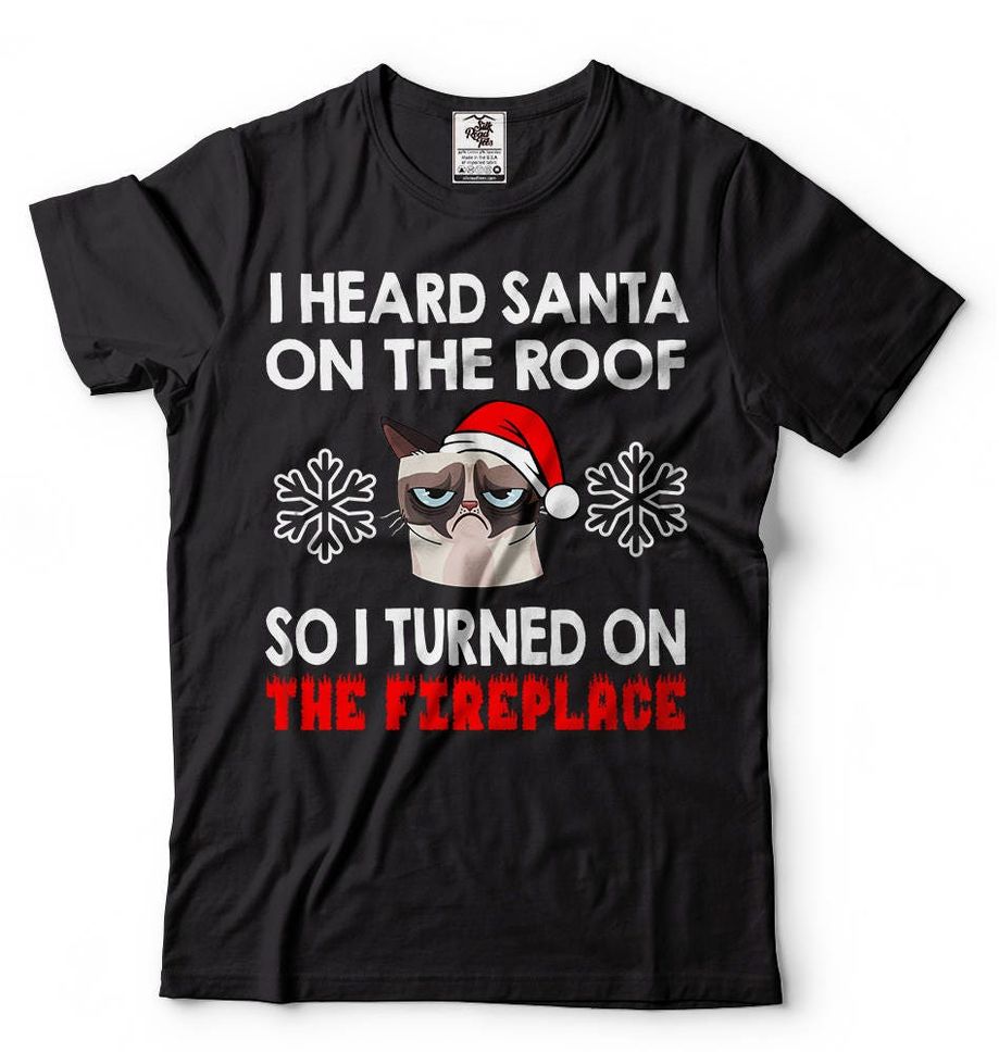 Christmas Cat Tshirt Santa Fireplace Funny Tshirt Gift for Son Gift for Daughter Funny Tshirt Gift Shirt