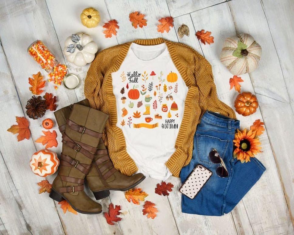 Hello Fall TShirt Happy Autumn Shirt Fall Leaves Pumpkins Mushrooms Women's Fall Graphic Tee Cottagecore Aesthetic Cute Fall Nature Shirt