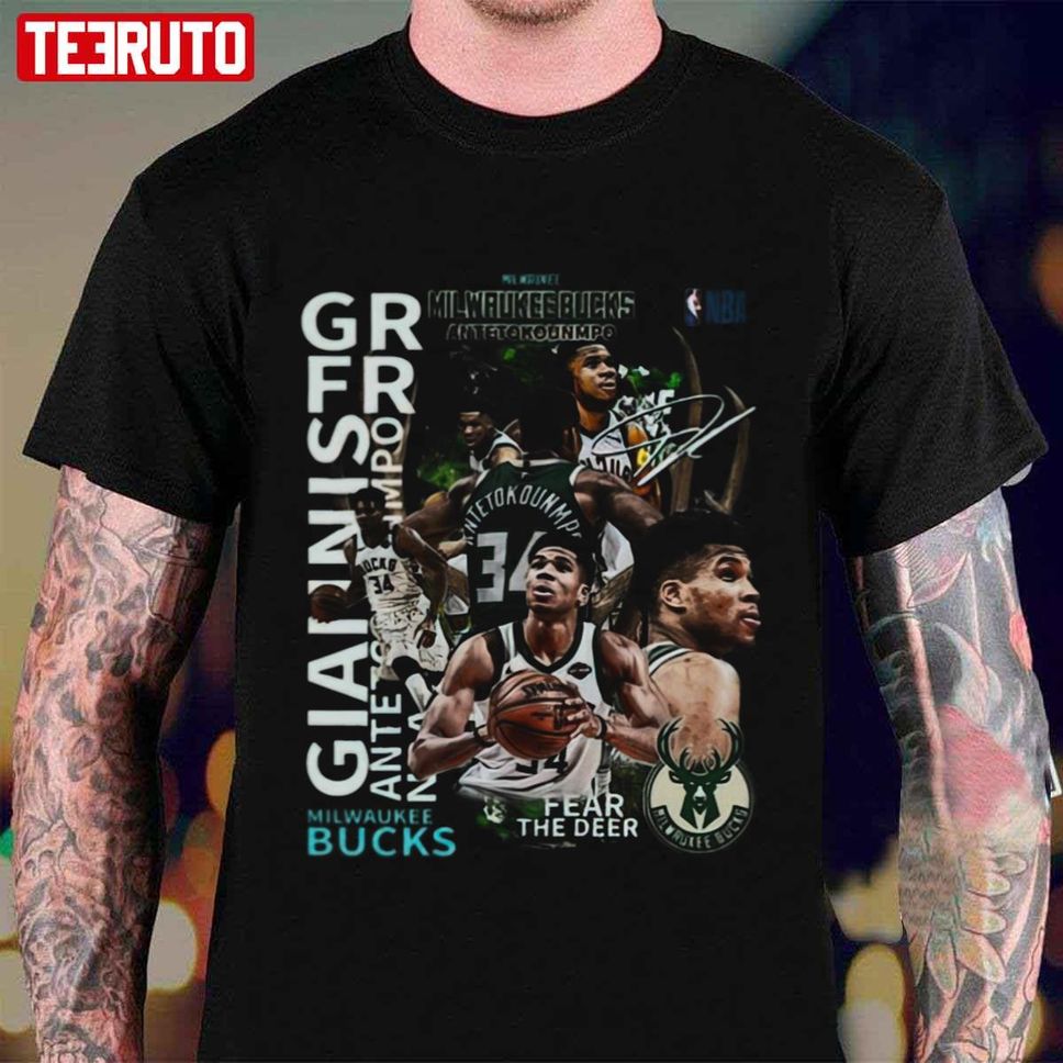 Milwaukee Bucks 34 Giannis Antetokounmpo Fear The Deer Signature Unisex T Shirt