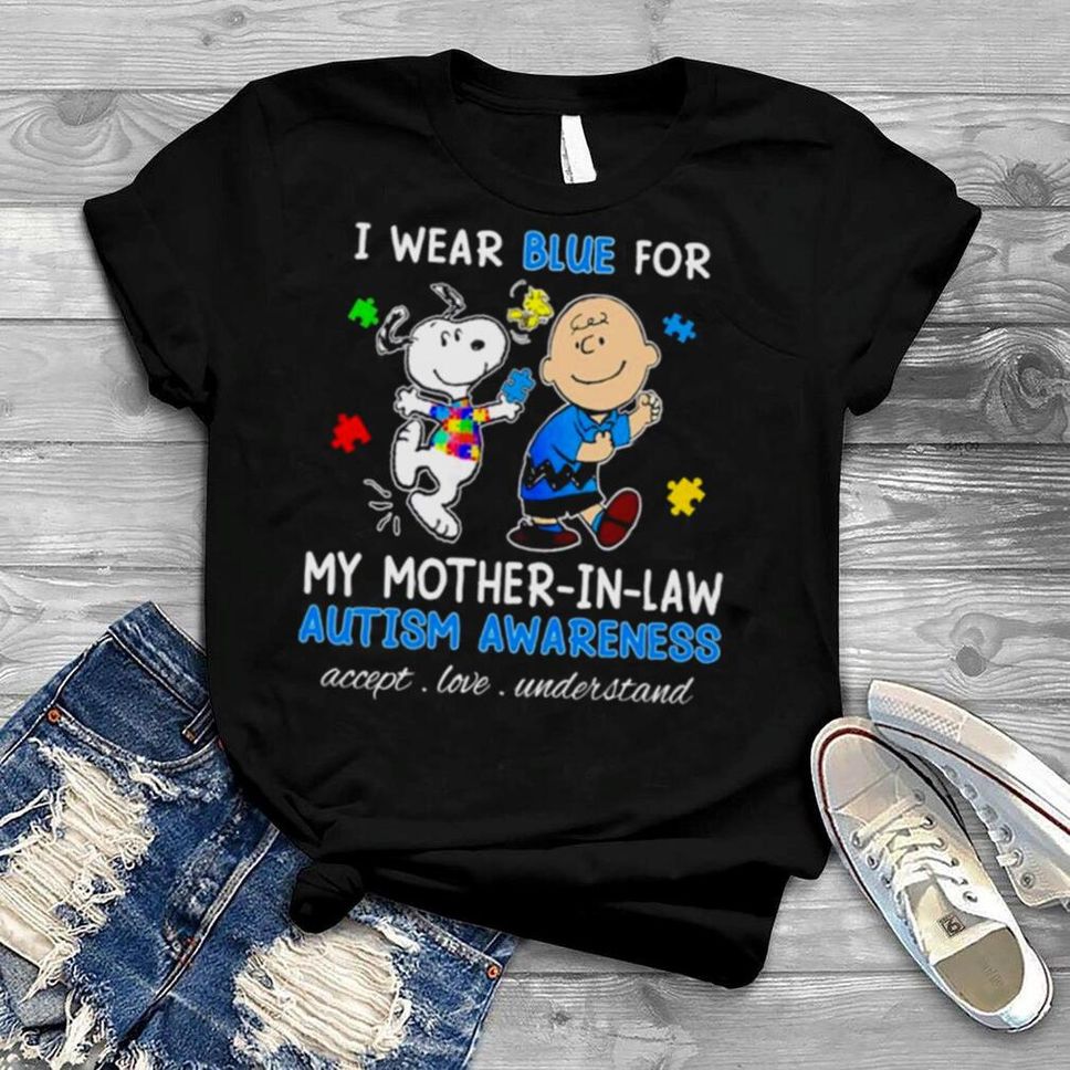 Snoopy Woodstock And Charlie Brown I Wear Blue For My Mother In Law Autism Awareness Accept Love Understand Shirt