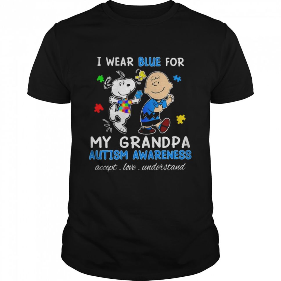 Snoopy Woodstock And Charlie Brown I Wear Blue For My Grandpa Autism Awareness Accept Love Understand Shirt