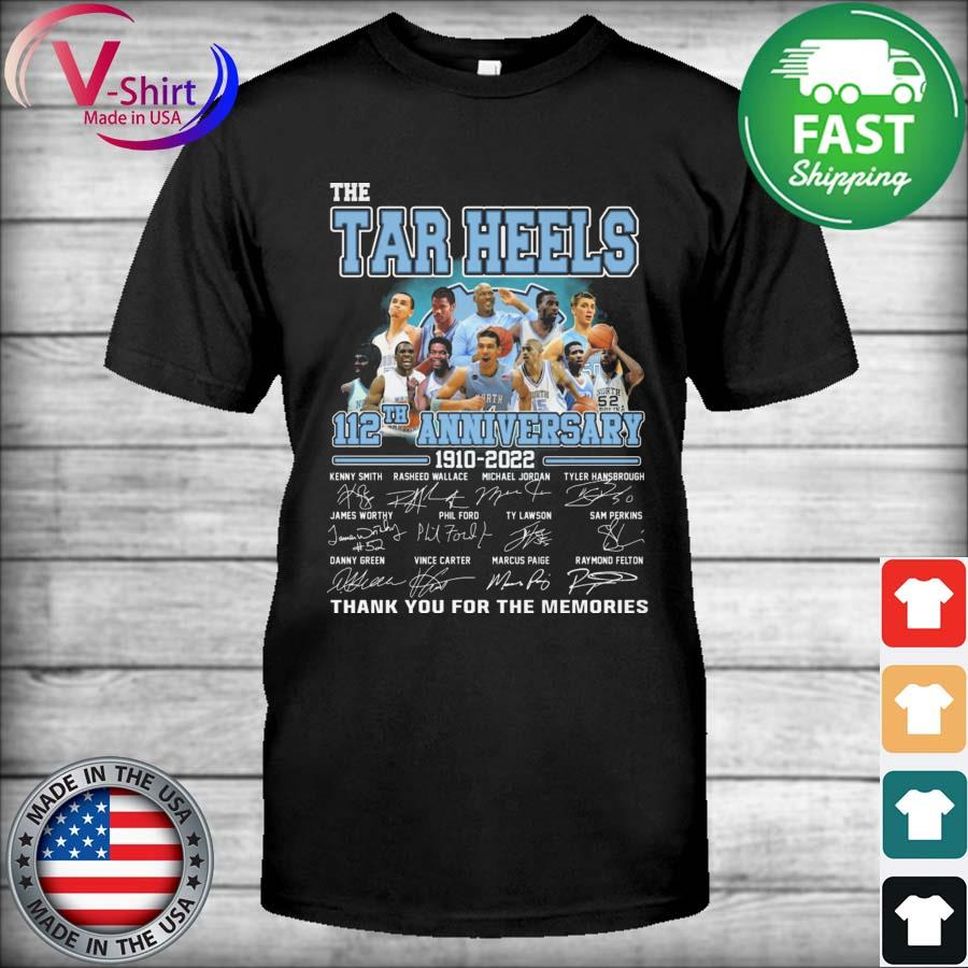 The Tar Heels 112th anniversary 1910 2022 Kenny Smith Vince Carter signatures thank shirt