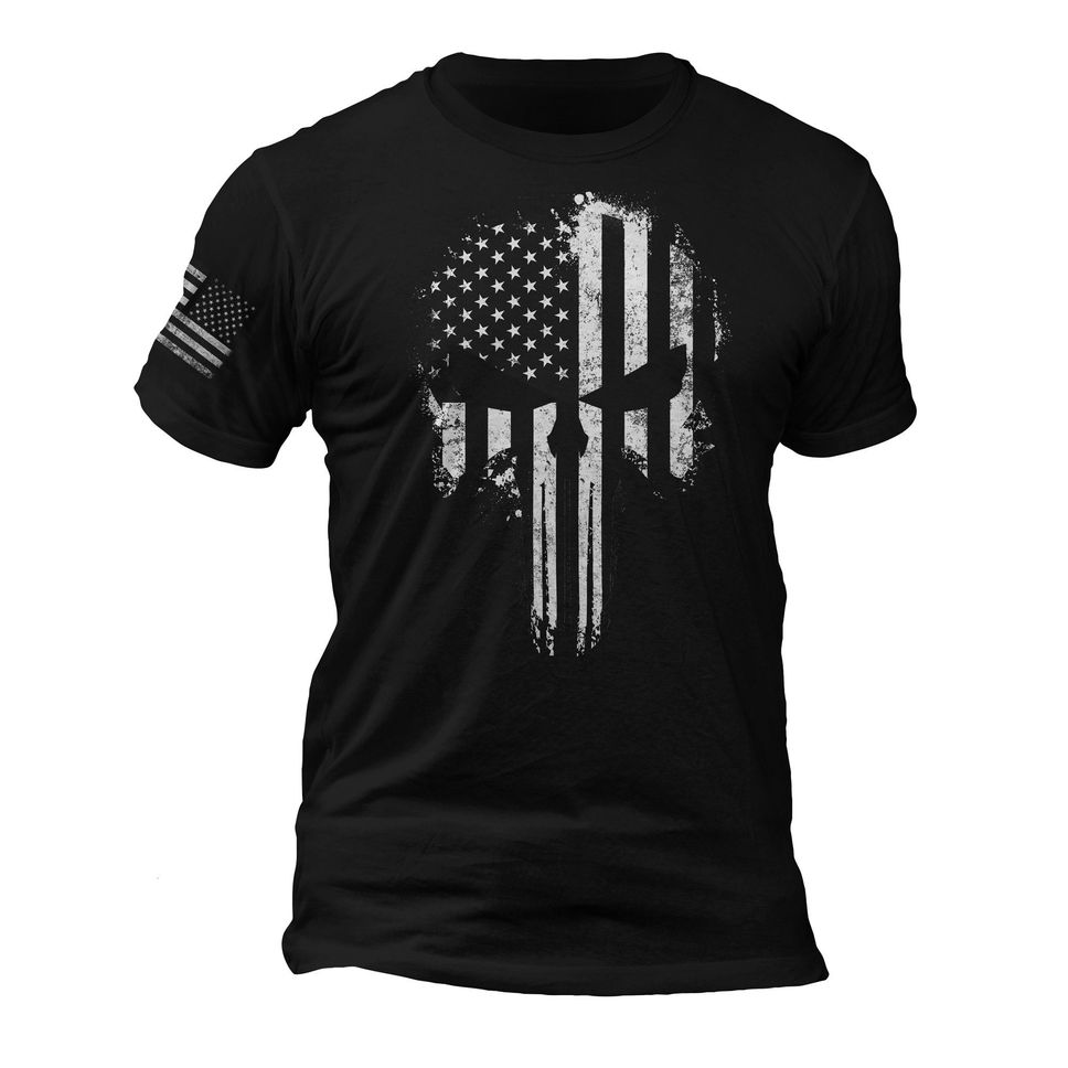 USA Patriotic Shirt Tactical Desaturated Skull Flag on Sleeve Men's TShirt