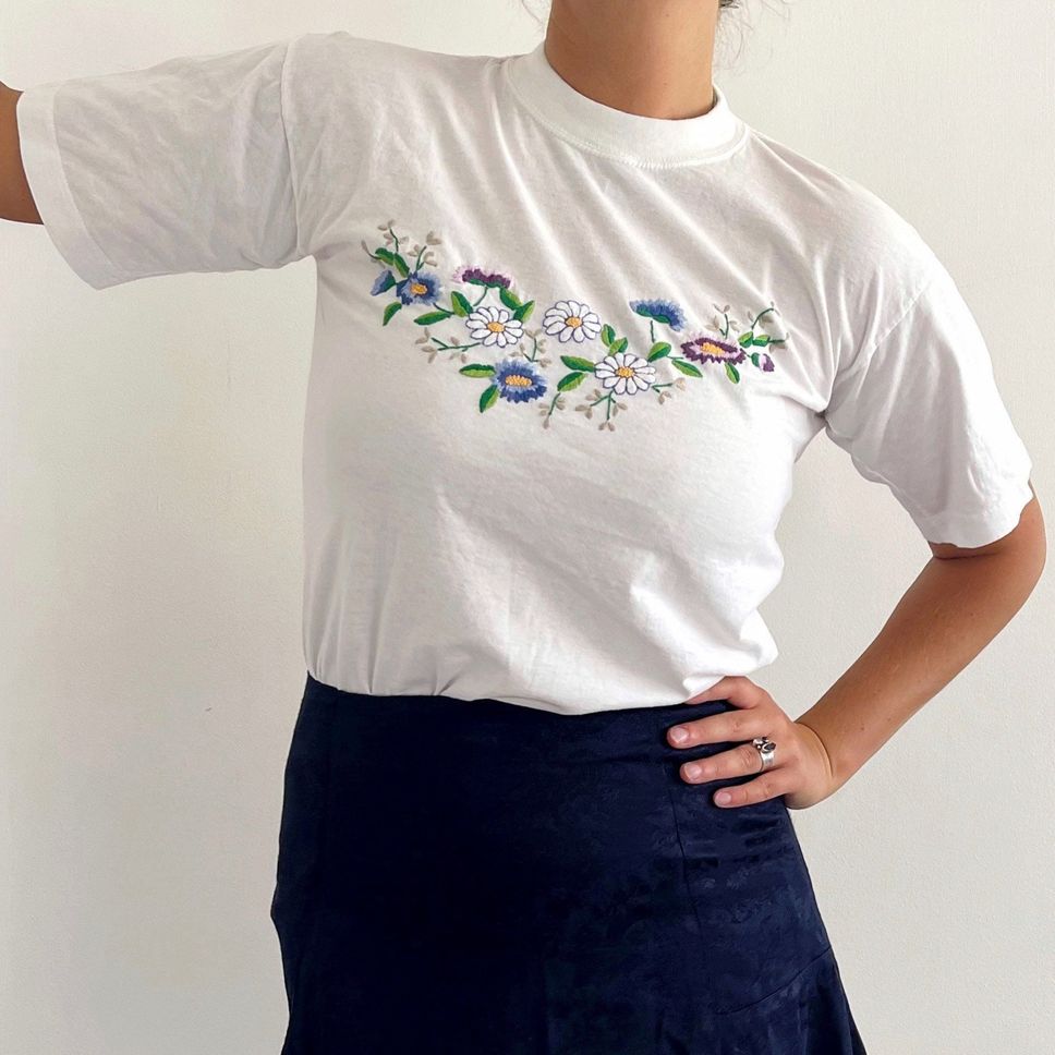 Vintage Hand Embroidered White Tshirt