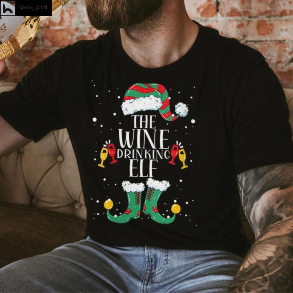 Wine Drinking Elf Matching Family Christmas Pajama Shirt