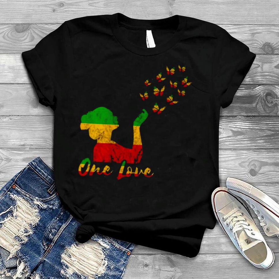 Womens One Love Rasta Reggae Butterfly Faith Rastafarian Girl Shirt