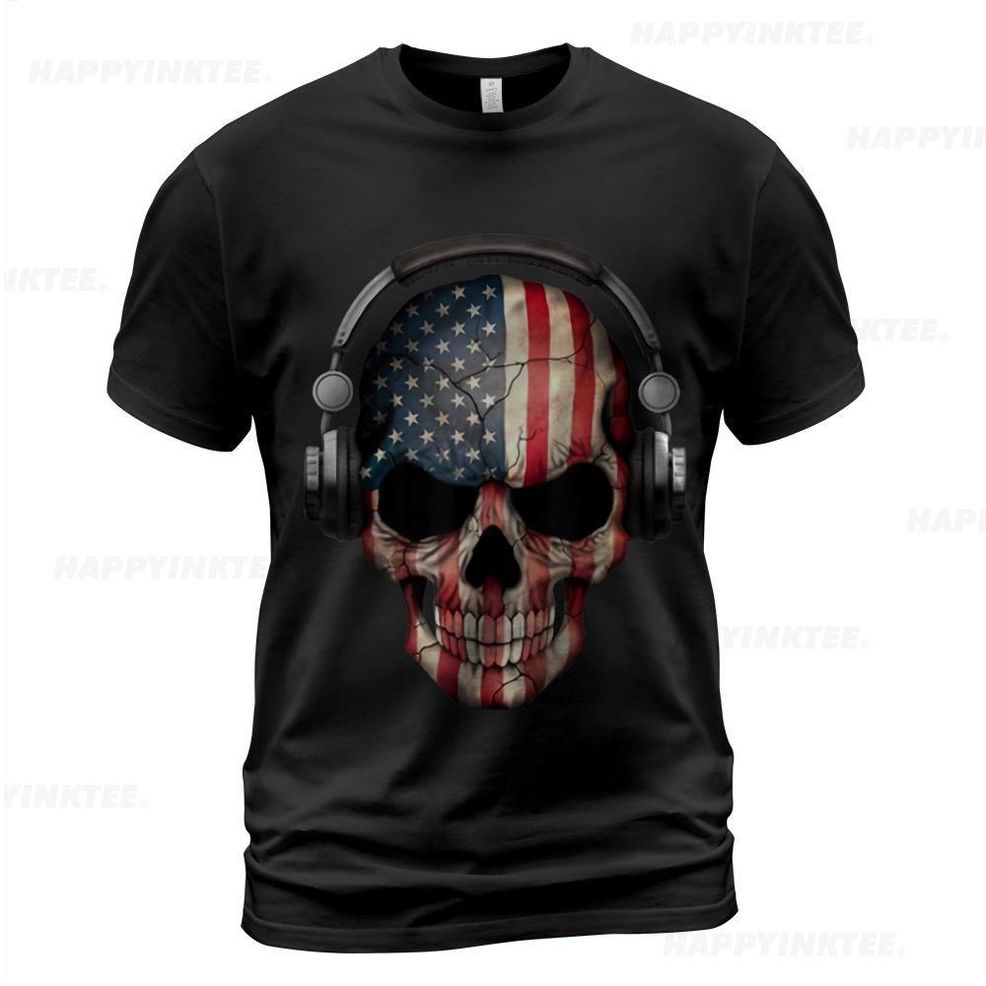 4th Of July Skull Headphone Music USA Flag Boys Kids Gamer T Shirt