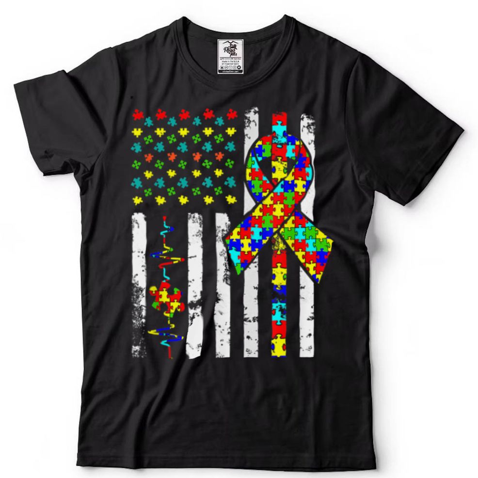 Autism Awareness Distressed American Flag Puzzle Ribbon T Shirt