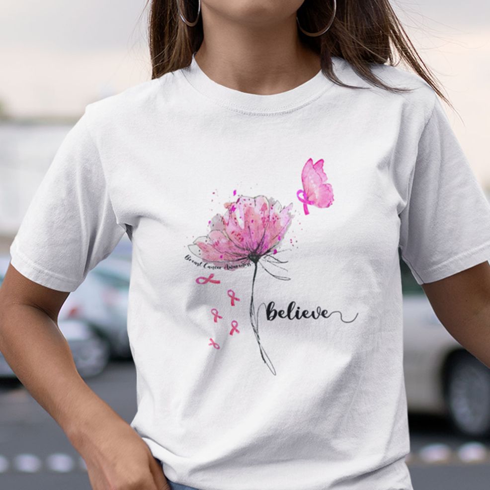 Believer Breast Cancer Awareness Shirt Flower And Butterfly