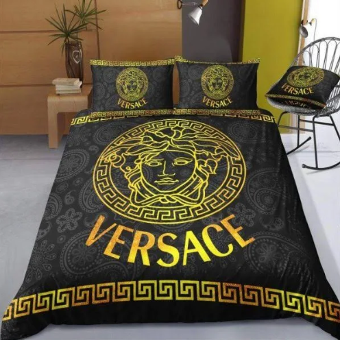 Best Versace Golden Logo In Black Background Bedding Set