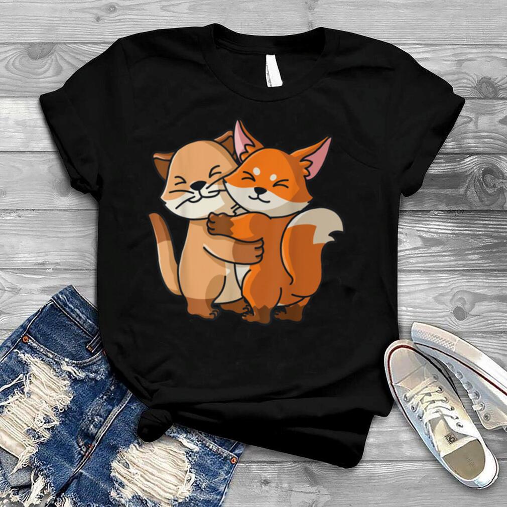 Cat and Fox Cute Kawaii Animal Lover Hugging for Women Girls T Shirt