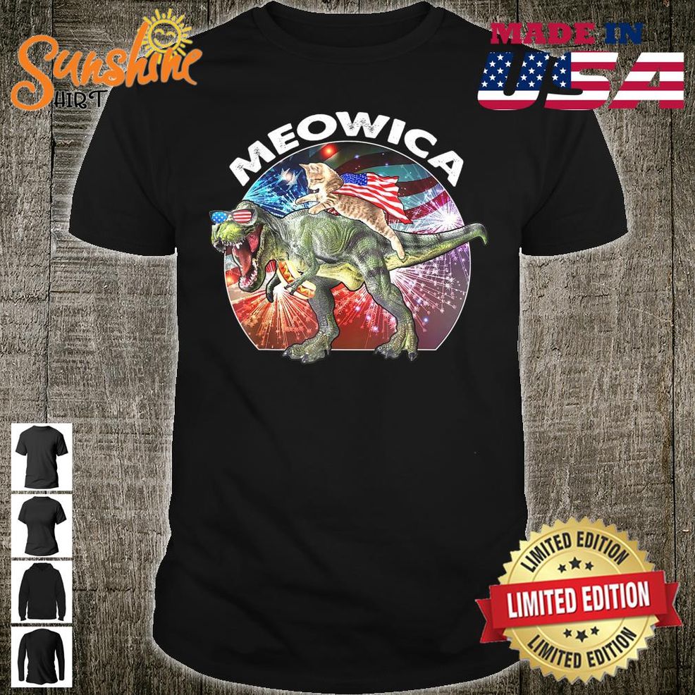 Cat Riding Dinosaur Meowica Patriotic 4th Of July Plus Size Shirt