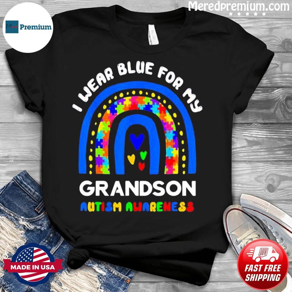 Funny I Wear Blue For My Grandson Autism Awareness Rainbow Puzzle Shirt