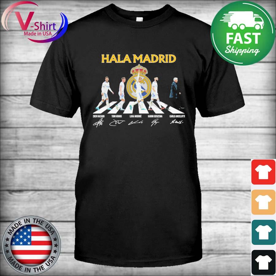 Hala Madrid Hazard and Kroos and Modric and Benzema and Ancelotti abbey road signatures shirt