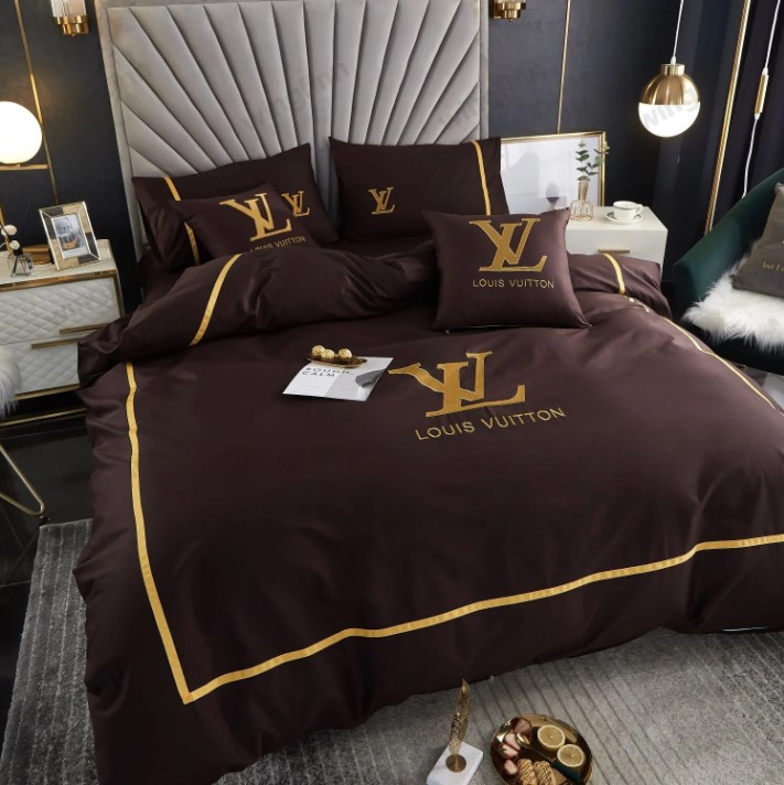 Luxury Louis Vuitton Logo on Grey Background Bedding Set