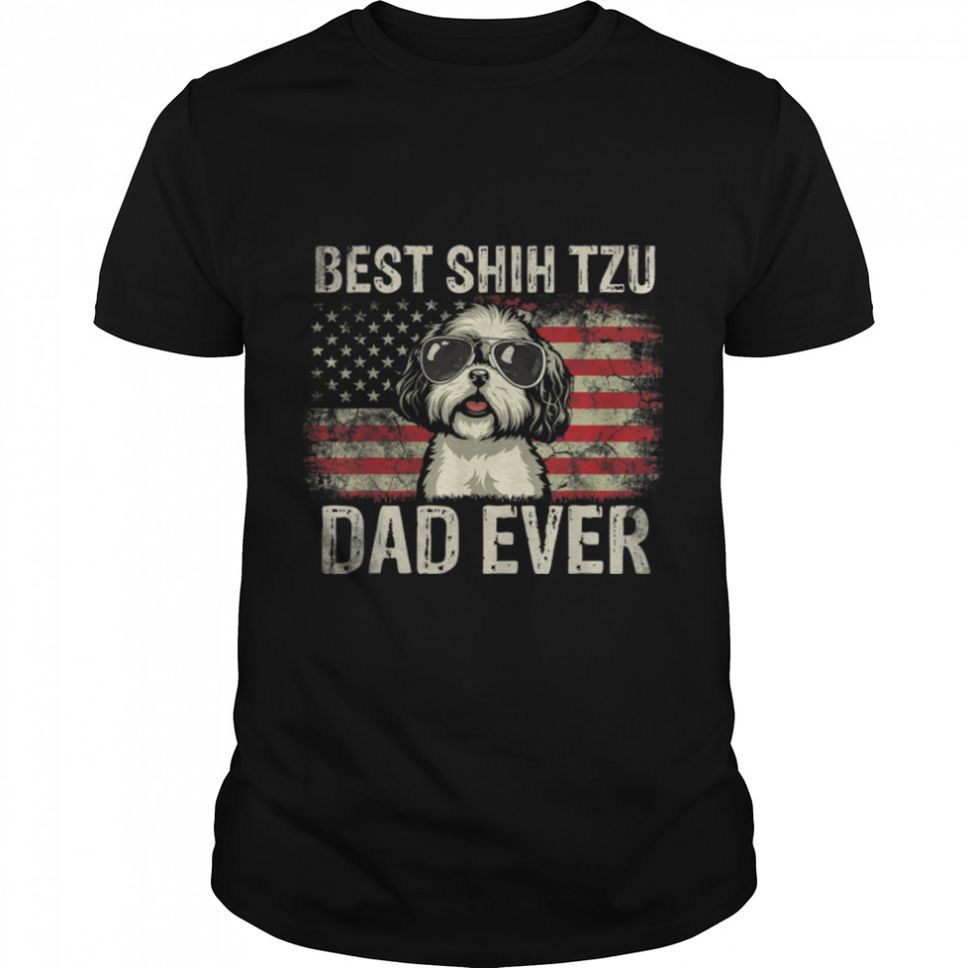 Mens Best Shih Tzu Dad Ever American Flag Shirt Funny Dog Lover T Shirt B09W5ST51Z