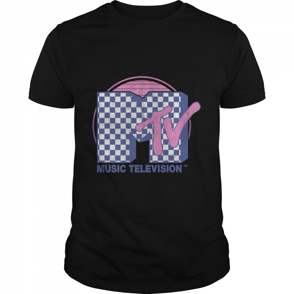 MTV Checkered Pattern Pink Fill Logo Graphic T-Shirt