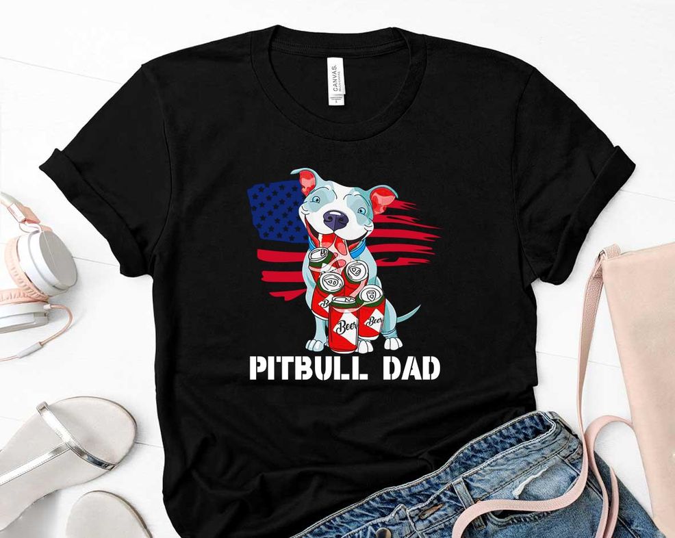 Pitbull Dad Flag Beer Fathers Day Shirt
