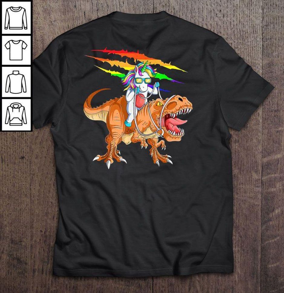 Rainbow Unicorn Riding T Rex2 Gift TShirt