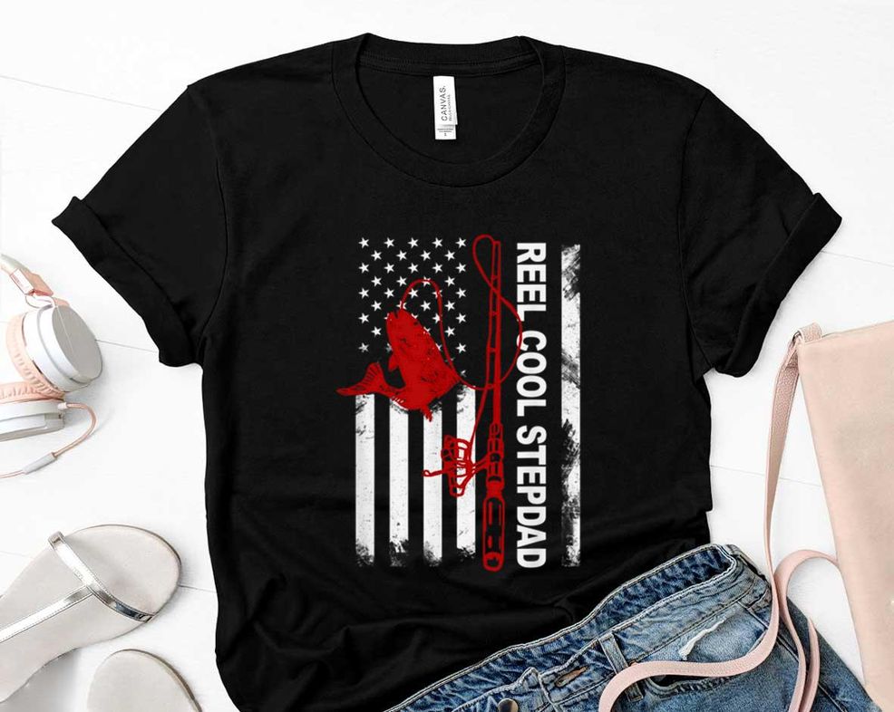 Reel Cool Stepdad America Flag Fishing Fathers Day Shirt