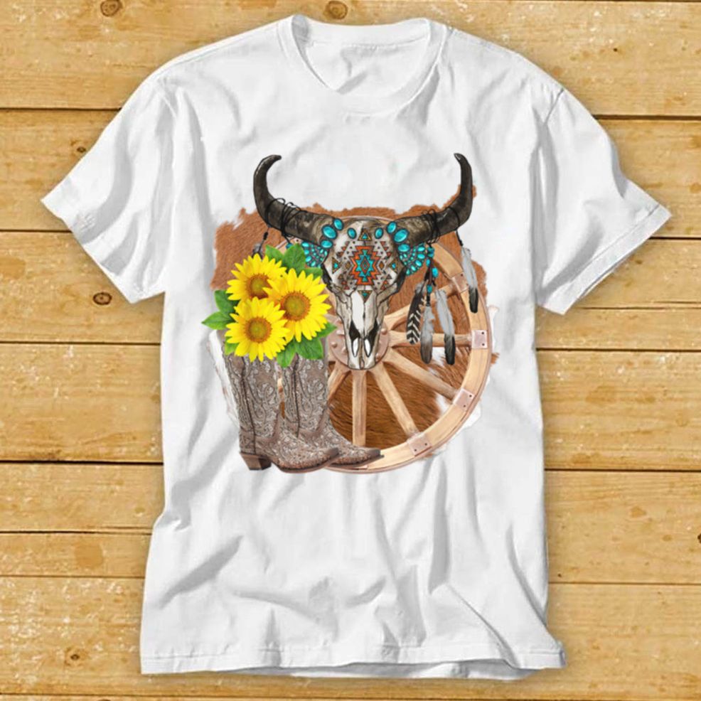 Retro Sunflower Cowgirl Boots Cow Skull Western Country Girl T Shirt