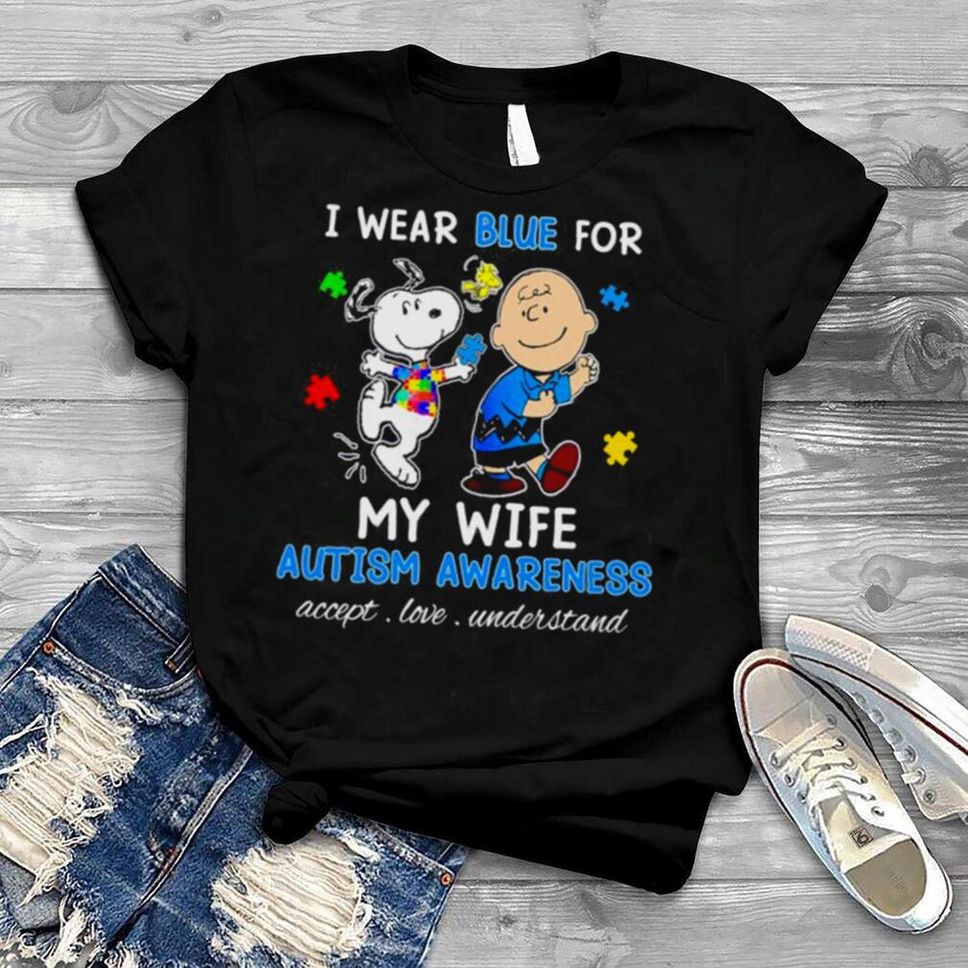 Snoopy Woodstock And Charlie Brown I Wear Blue For My Wife Autism Awareness Accept Love Understand Shirt