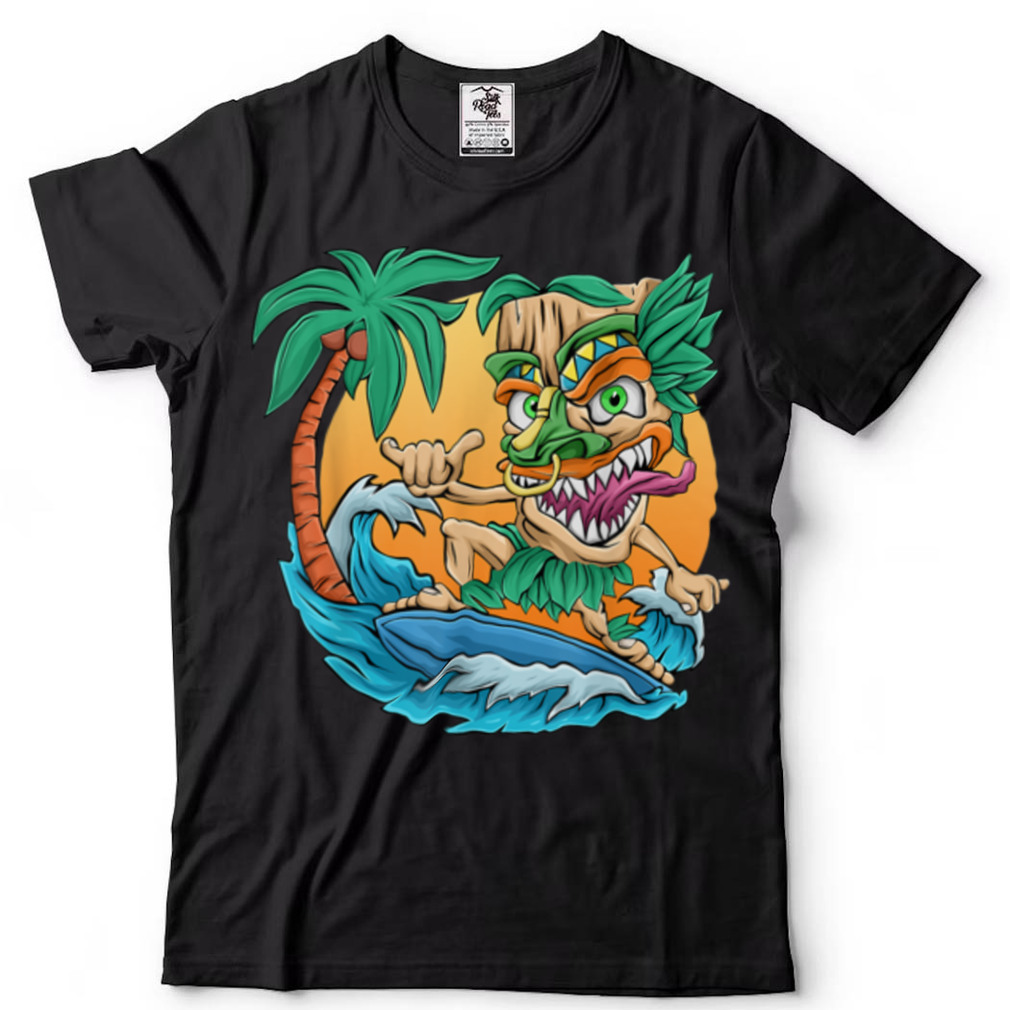 Tiki Man Surfing Surfer Beach Waves Palm Trees Tropical T Shirt